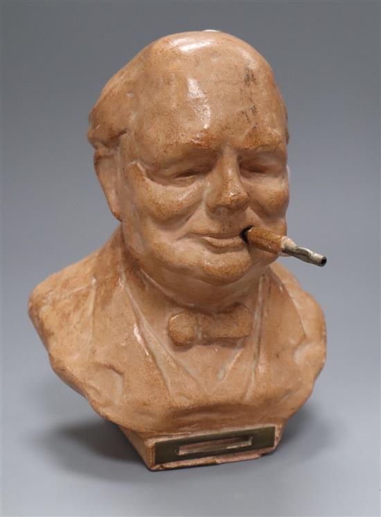 A mid 20th century composition table lighter, modelled as Churchill, signed Tallent height 21cm